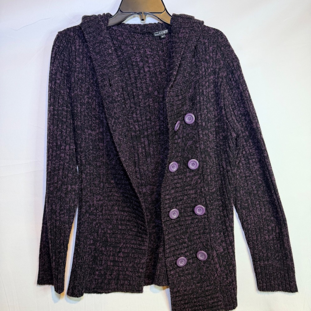 Creazioni Effeci Womens Purple Black Marled Hooded Double Breasted Cardigan M